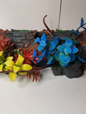 Aquarium log with decorative plants.